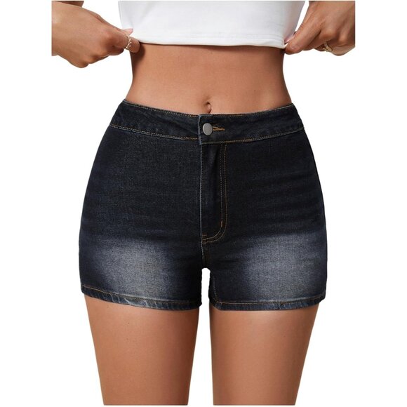 Dark Blue Women's High Waist Denim Shorts Straight Leg Roll Up Hem Button Jean - Picture 1 of 5